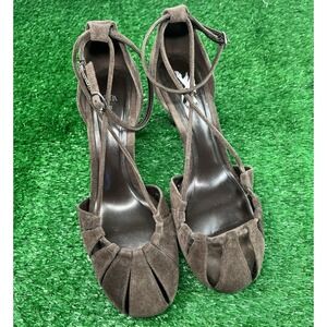 Zara Brown Suede Ankle Stap Heels Kitten Sz 41 US 10 Strappy Ruched Toe EUC